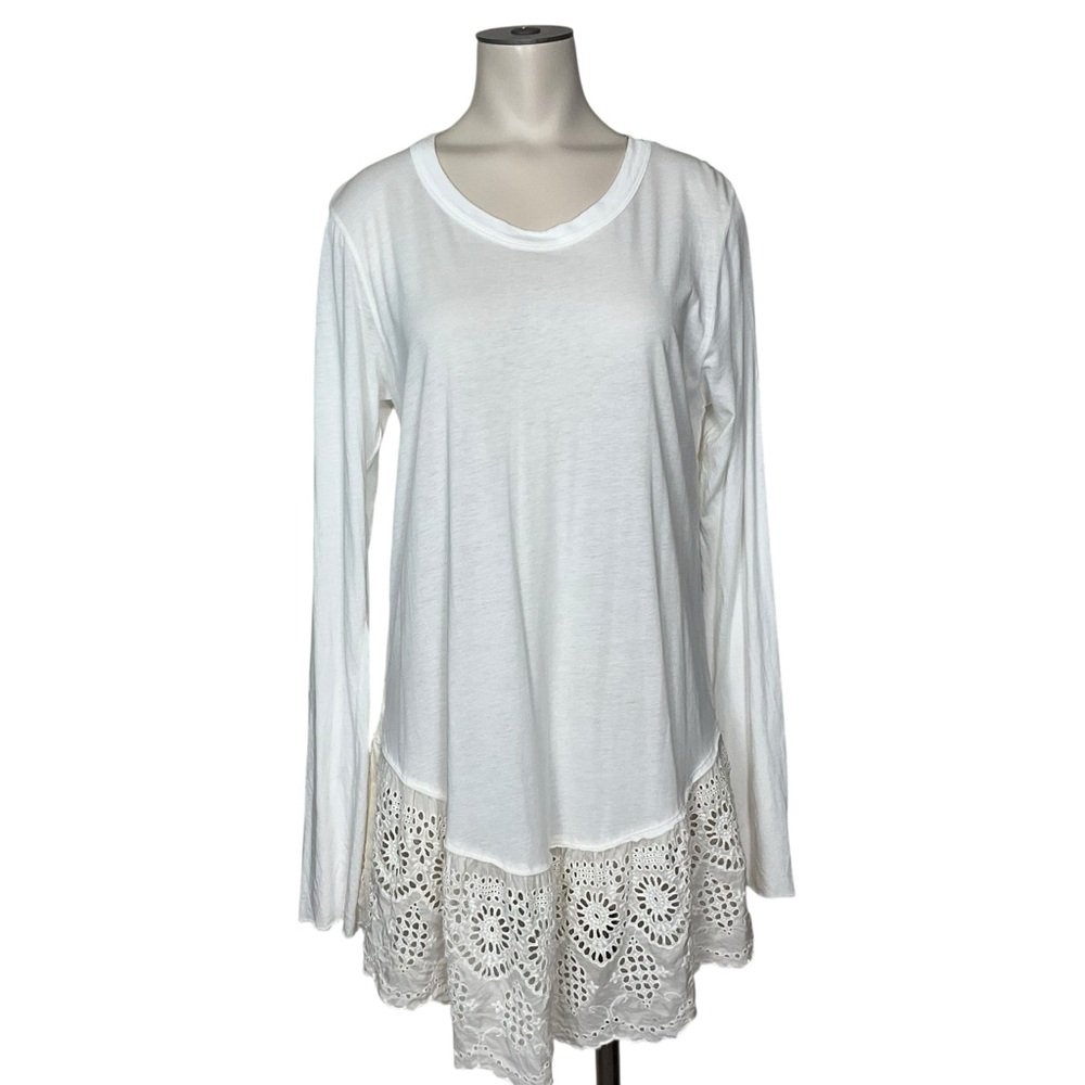 JOHNNY WAS sz Small Eyelet Lace Trim Tunic Top Long Sleeve Dress White Cream